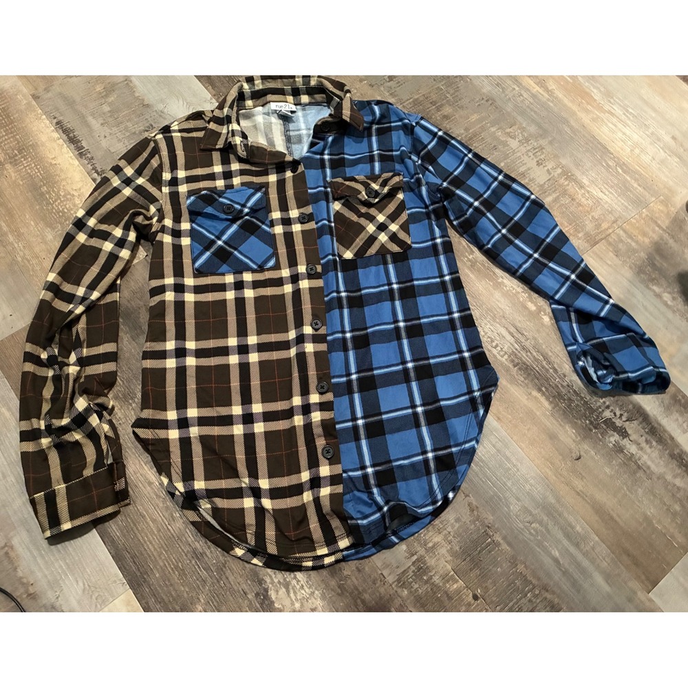 Rue21 Split Plaid Color Block Button Down Shirt Blue Brown XS